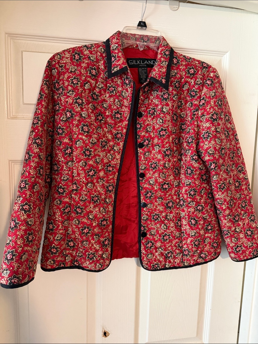 SilkLand Red Quilted Floral Blazer with Black Trim